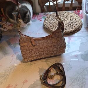 Coach Brown Signature Jacquard Shoulder Bag with Leather Trim